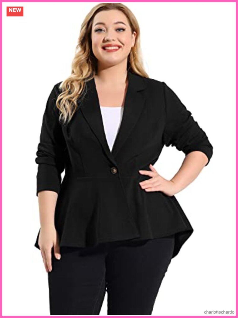 Plus Size Peplum Blazer with Ruffle Hem, Long Sleeve, Button Front, Polyester